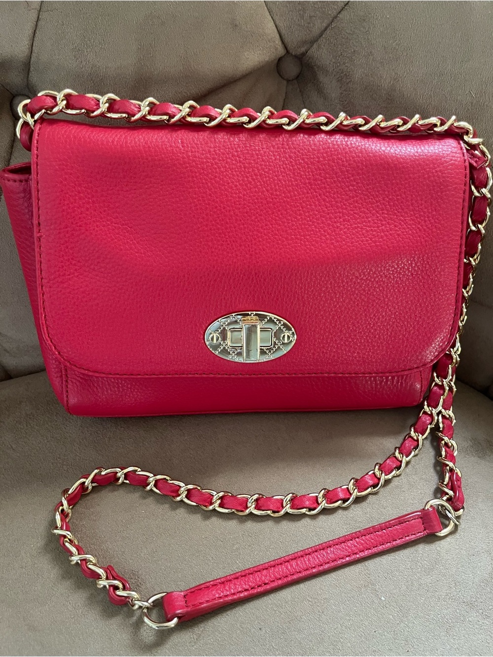 Talbots Raspberry Pink Pebbled Leather Chain Crossbody Shoulder Bag